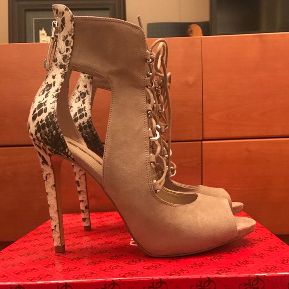 Guess Shoes - Guess Lace Up Open Toe Beige Heels 8.5 NIB